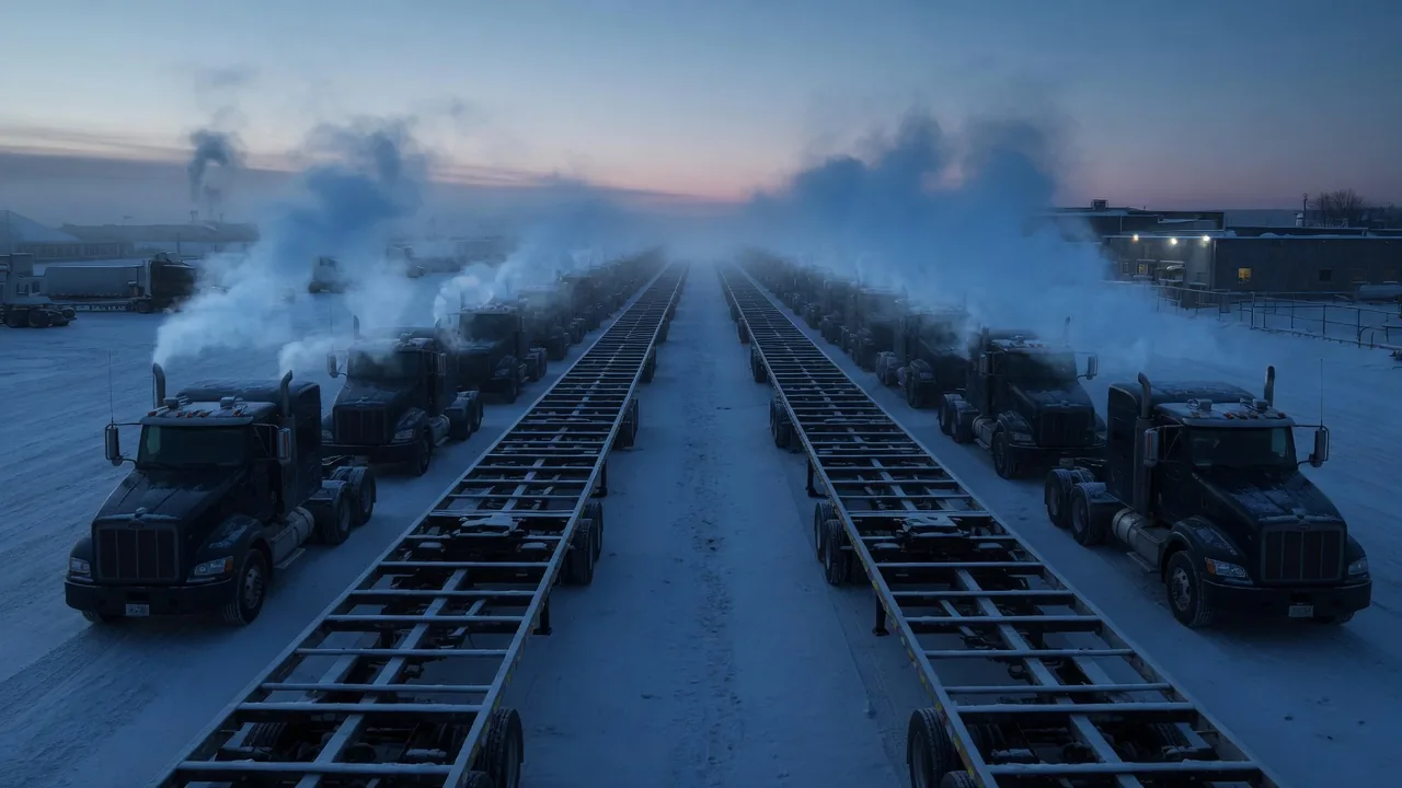 Container chassis and tractors lined up in a Quebec yard at dawn.