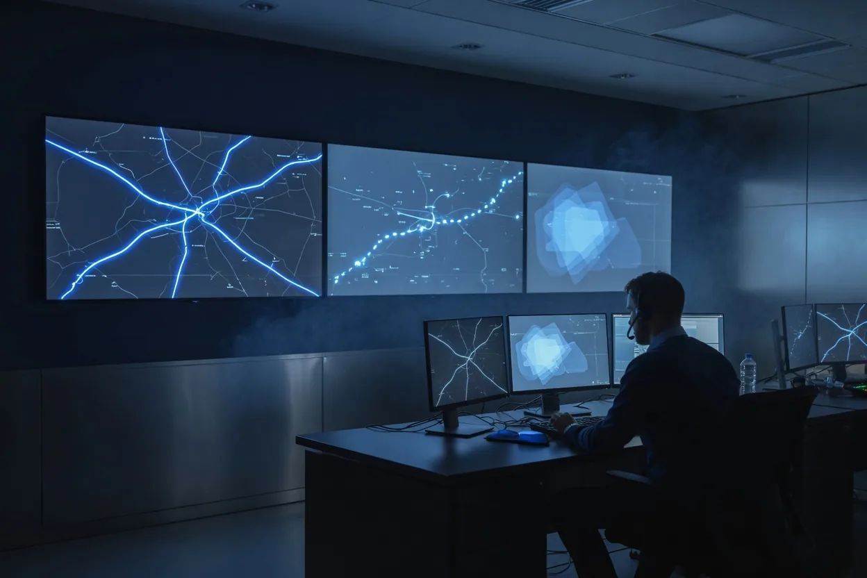 Dispatch operations room with route monitors.