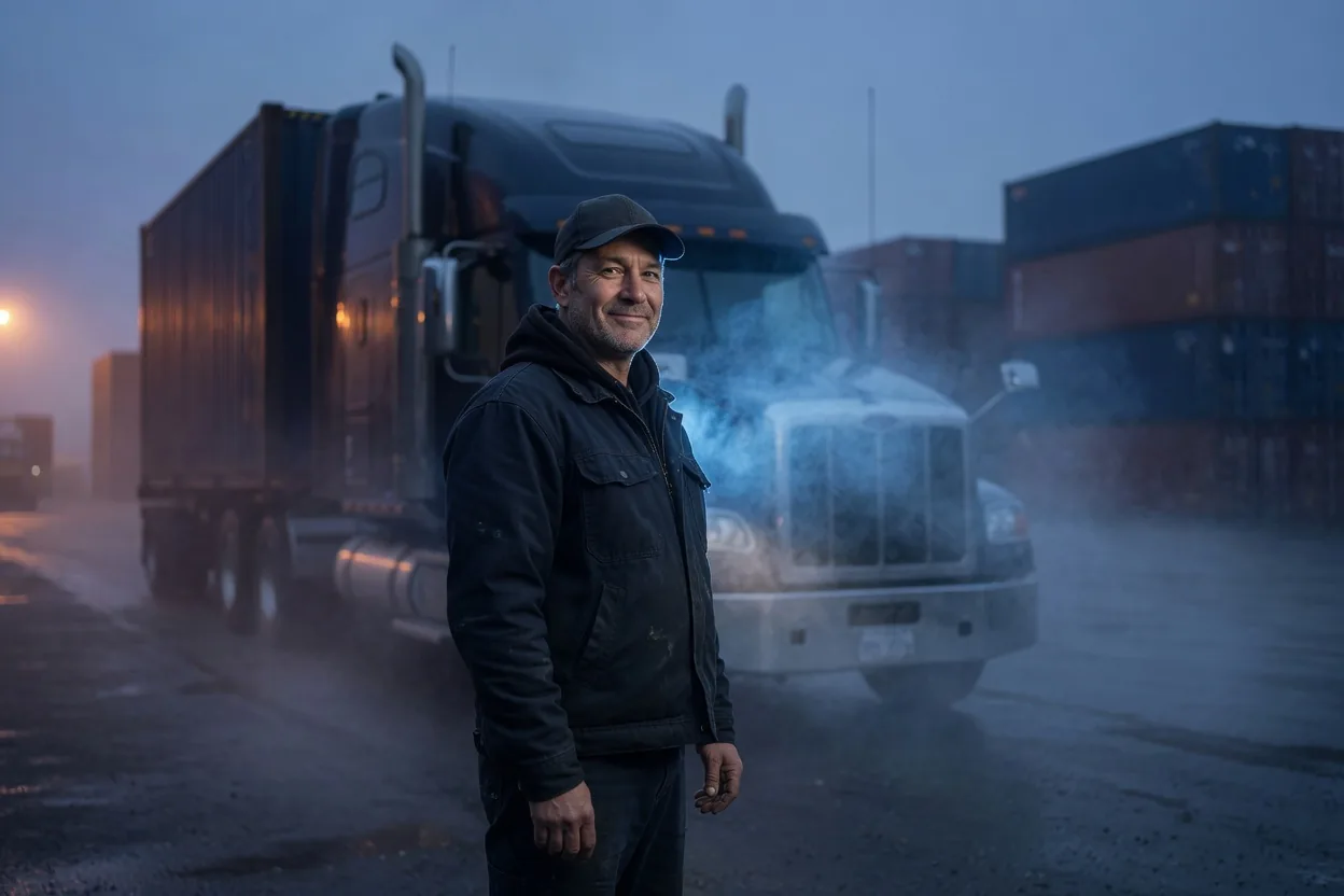 Professional driver standing beside a tractor at a container yard.