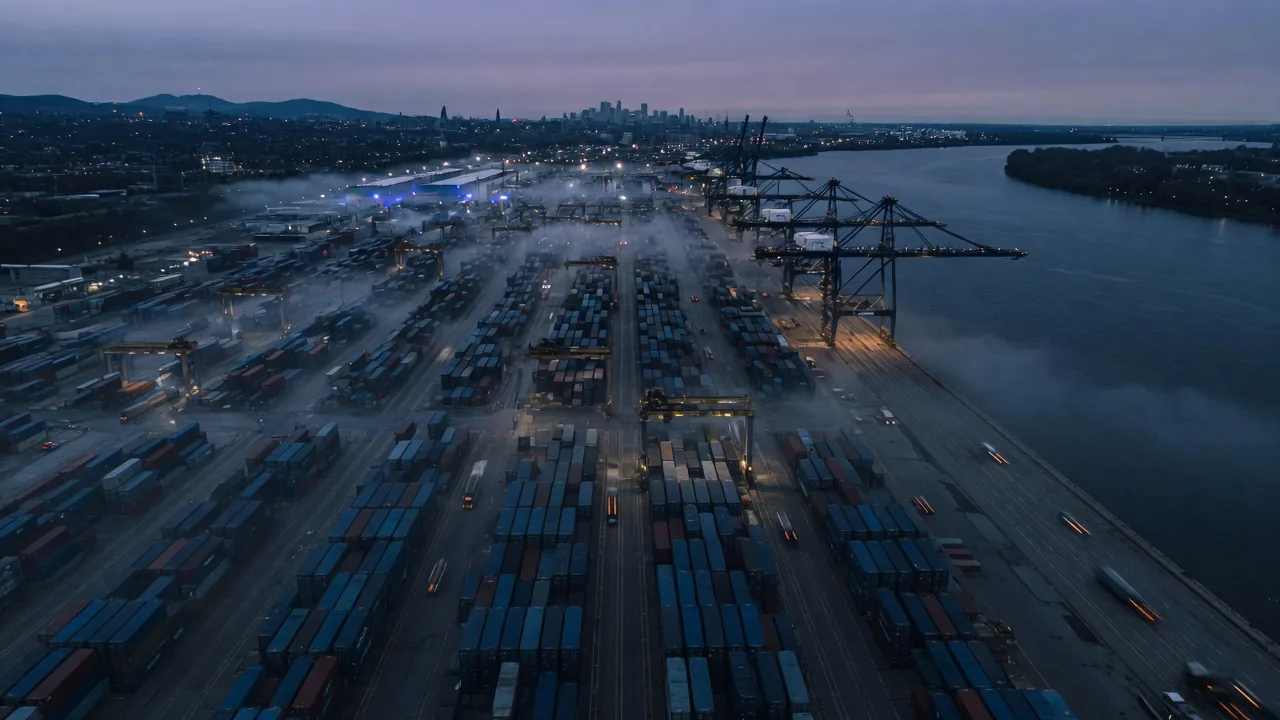 Aerial view of an intermodal container terminal at dusk.