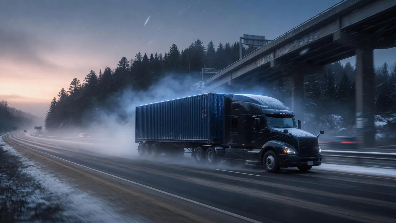 Tractor and navy container running a Quebec highway in winter.